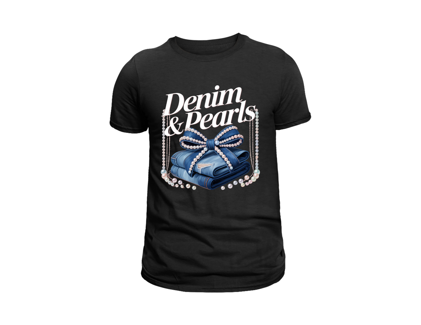 DENIM AND PEARLS TEE SHIRT WITH PEARL SWING
