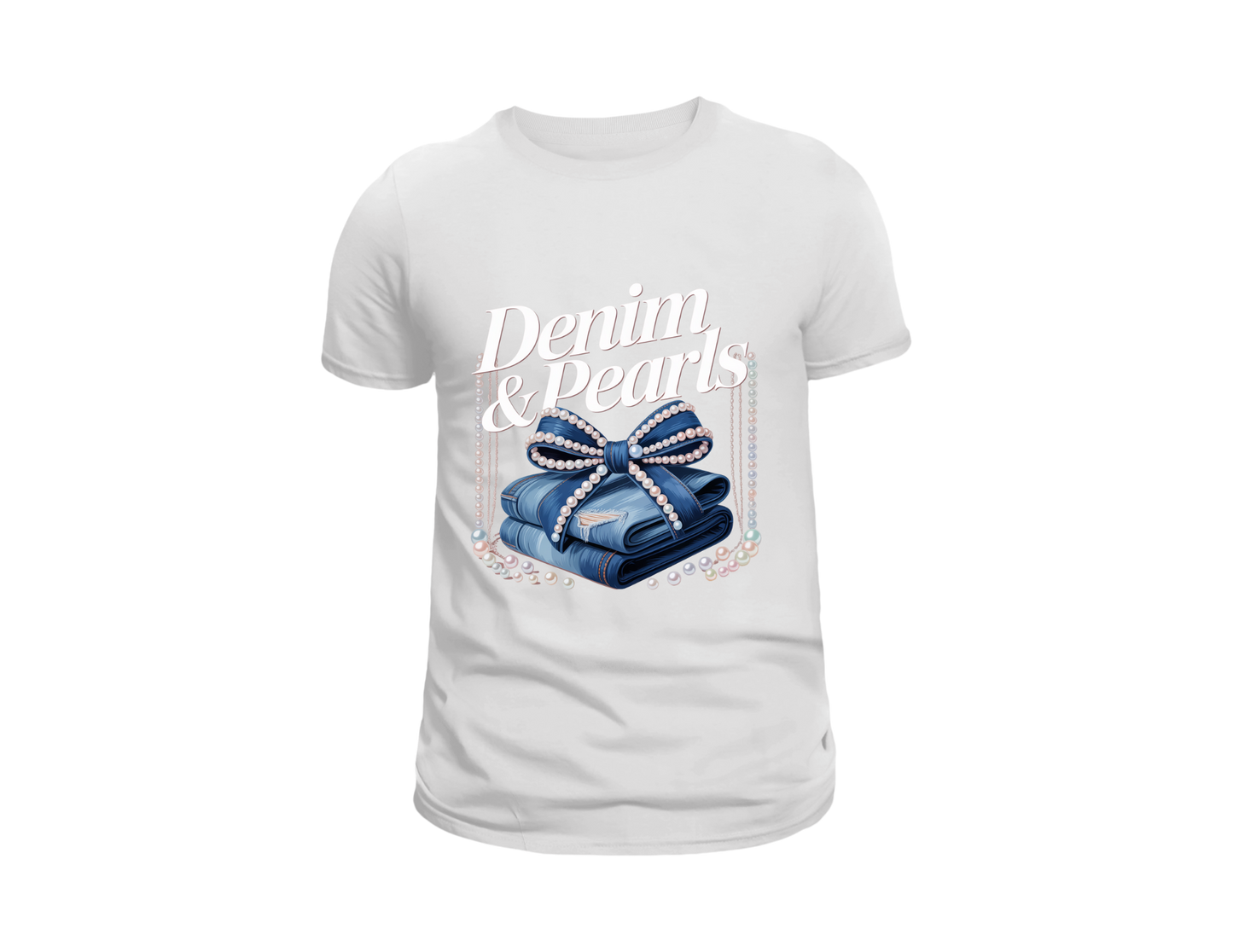 DENIM AND PEARLS TEE SHIRT WITH PEARL SWING