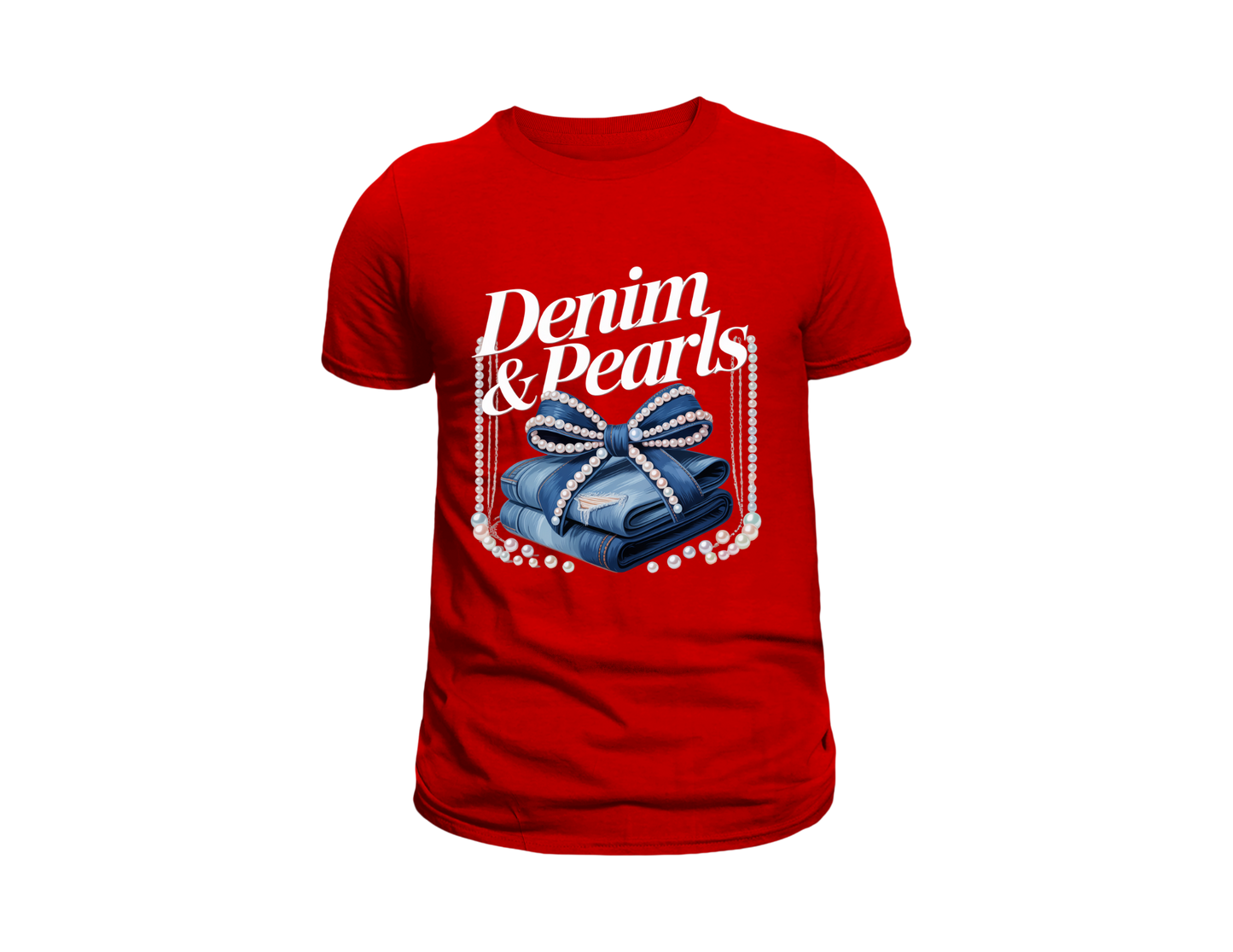 DENIM AND PEARLS TEE SHIRT WITH PEARL SWING