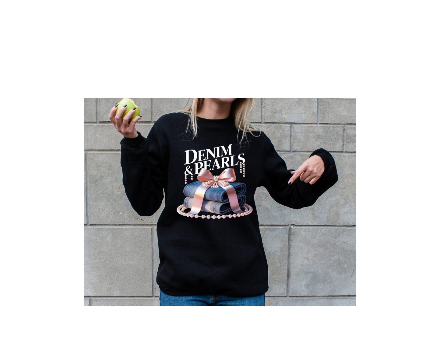 DENIM AND PEARLS SWEAT SHIRT WITH CIRCLE BOTTOM PERALS
