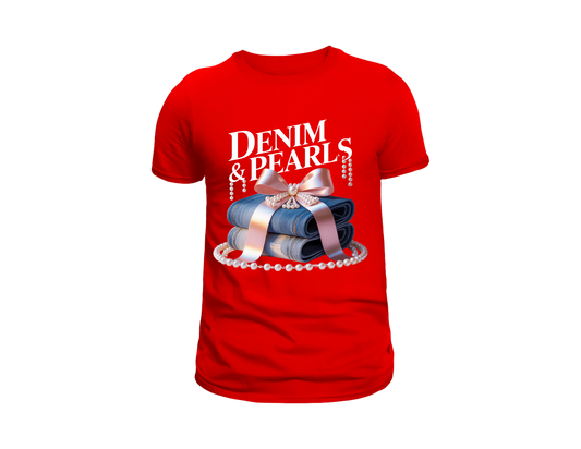 DENIM AND PEARLS TEE SHIRT WITH PEARL BOTTOM ROPE