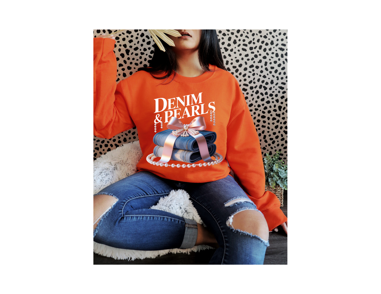 DENIM AND PEARLS SWEAT SHIRT WITH CIRCLE BOTTOM PERALS