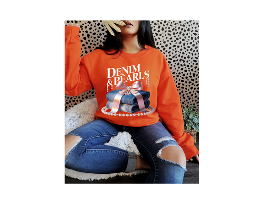 DENIM AND PEARLS SWEAT SHIRT WITH CIRCLE BOTTOM PERALS