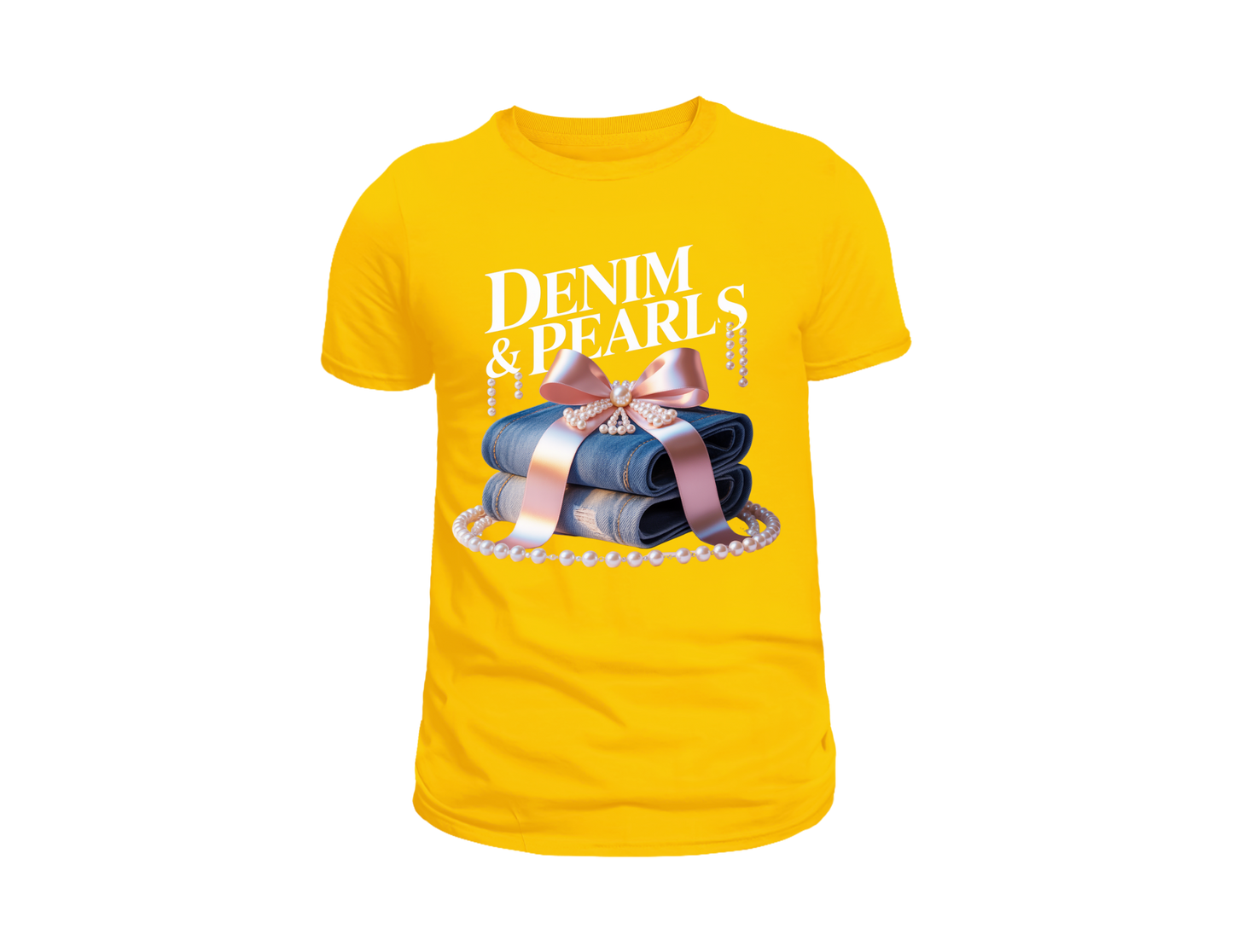 DENIM AND PEARLS TEE SHIRT WITH PEARL BOTTOM ROPE