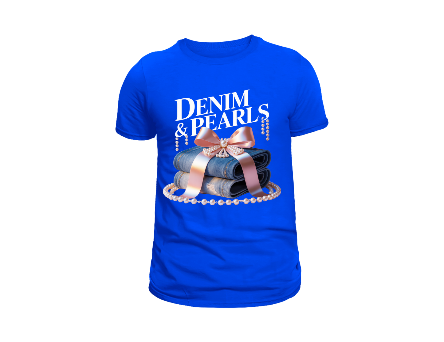 DENIM AND PEARLS TEE SHIRT WITH PEARL BOTTOM ROPE