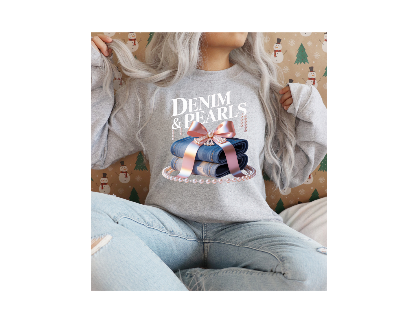 DENIM AND PEARLS SWEAT SHIRT WITH CIRCLE BOTTOM PERALS