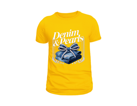 DENIM AND PEARLS TEE SHIRT WITH PEARL SWING