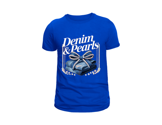 DENIM AND PEARLS TEE SHIRT WITH PEARL SWING