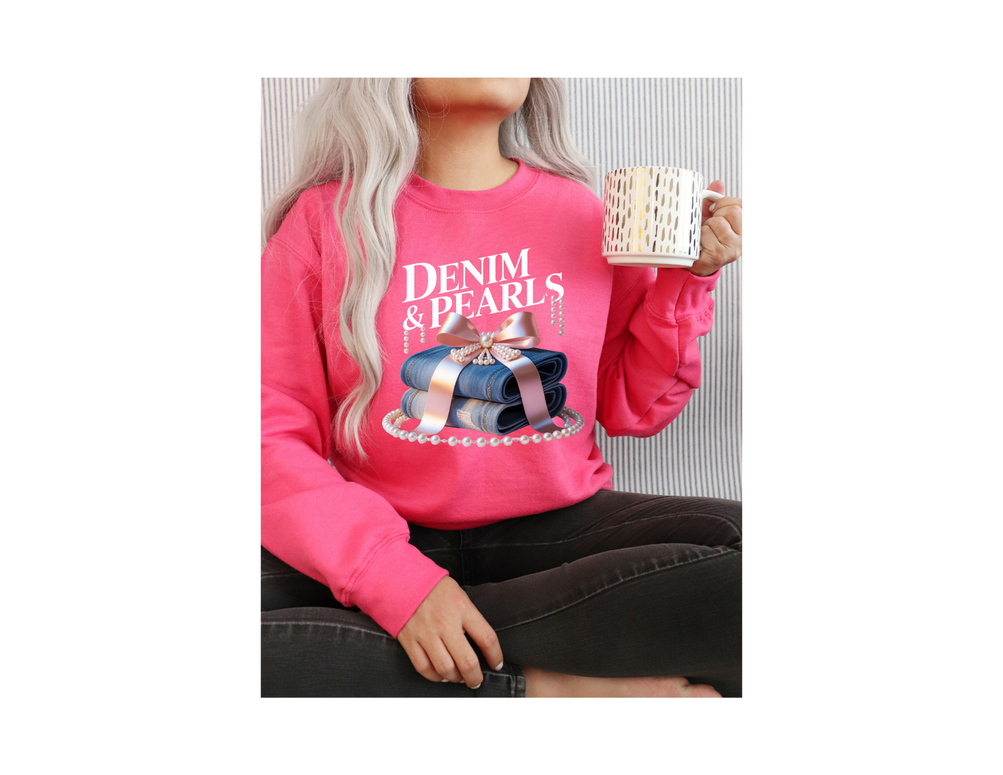 DENIM AND PEARLS SWEAT SHIRT WITH CIRCLE BOTTOM PERALS