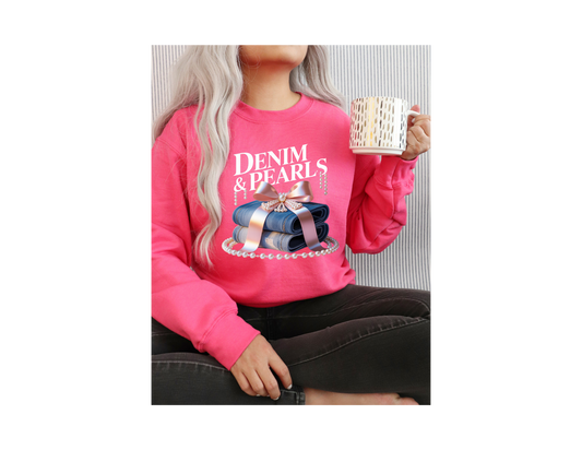 DENIM AND PEARLS SWEAT SHIRT WITH CIRCLE BOTTOM PERALS