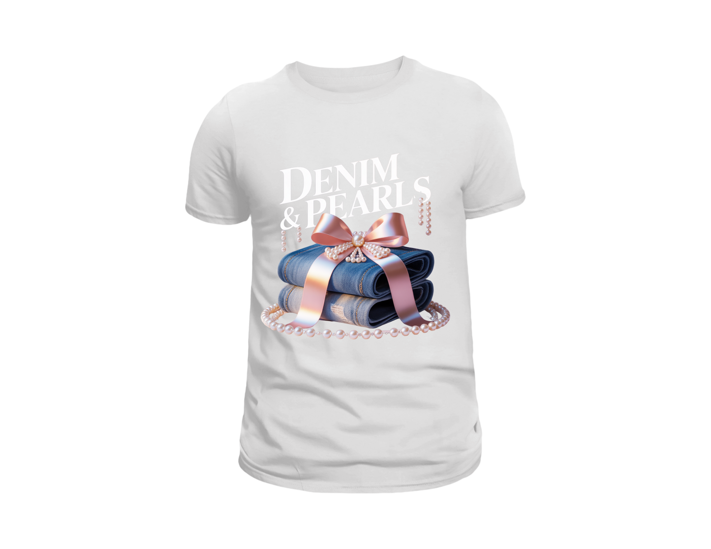 DENIM AND PEARLS TEE SHIRT WITH PEARL BOTTOM ROPE