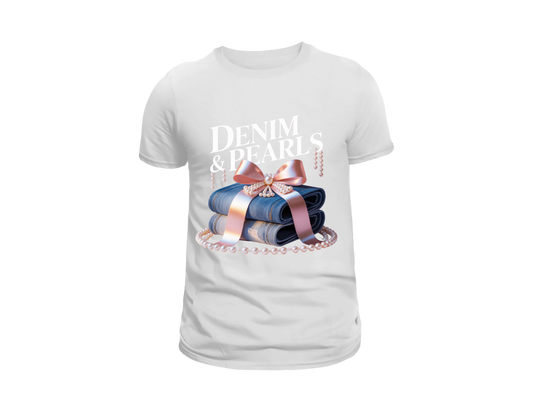 DENIM AND PEARLS TEE SHIRT WITH PEARL BOTTOM ROPE