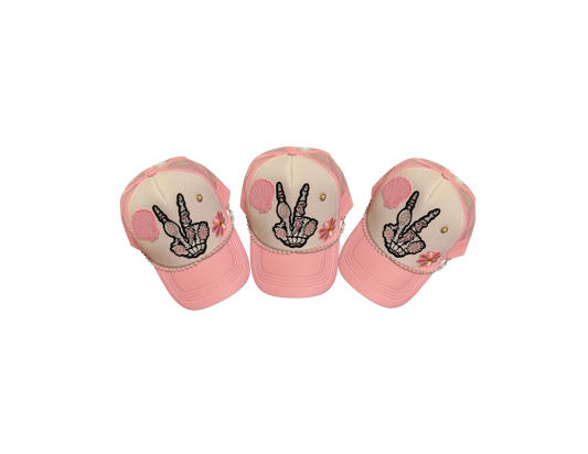PINK SKELTON FINGER TRUCKER HAT